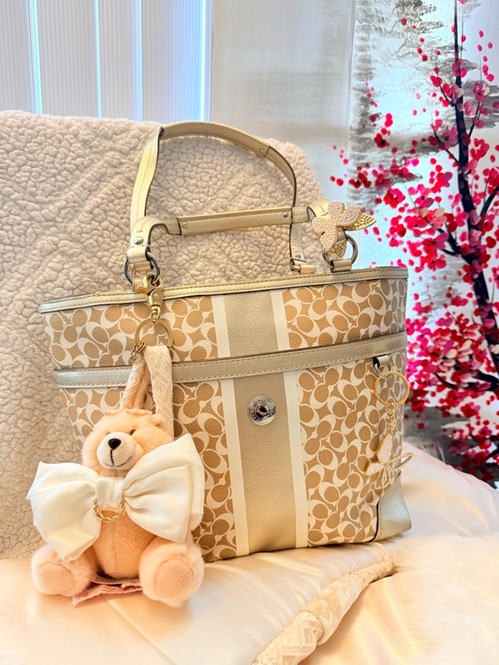 Coach Beige and Cream Signature Canvas Tote with Bear Charm